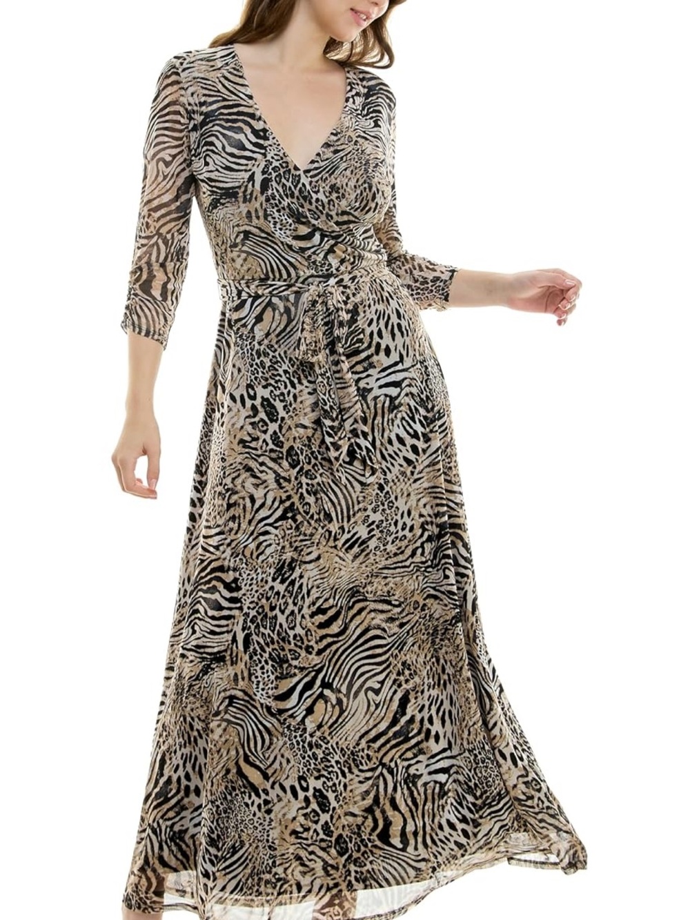 Wrap Maxi Dress in Beige & Black Animal Print with Tie Waist